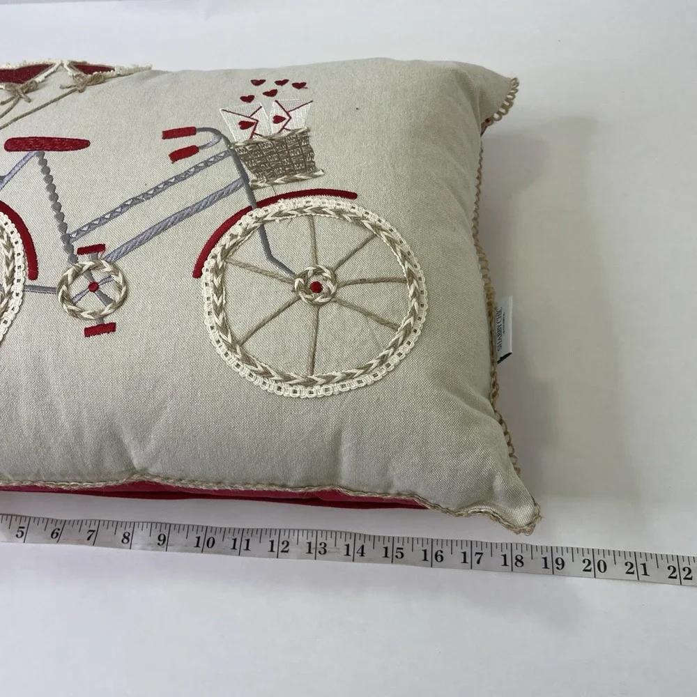 Embroidered Pillow‎ Bicycle Fringe Hearts Beige/Red 18x14x6 Cottagecore